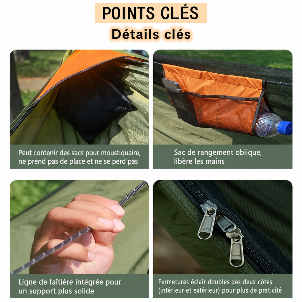 Hamac de Randonnée XL 335 cm – Couchage Diagonal & Moustiquaire - vue 8