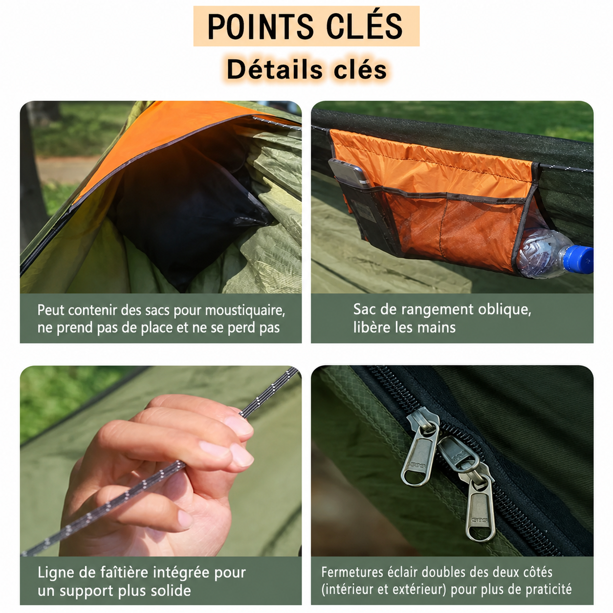 Hamac de Randonnée XL 335 cm – Couchage Diagonal & Moustiquaire - vue 8