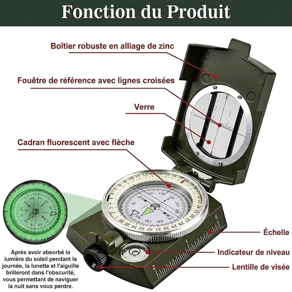 Boussole de Randonnée Militaire – Métal, Visée & Pochette - vue 2