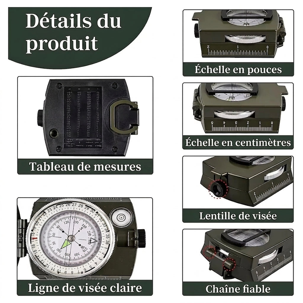 Boussole de Randonnée Militaire – Métal, Visée & Pochette - vue 3
