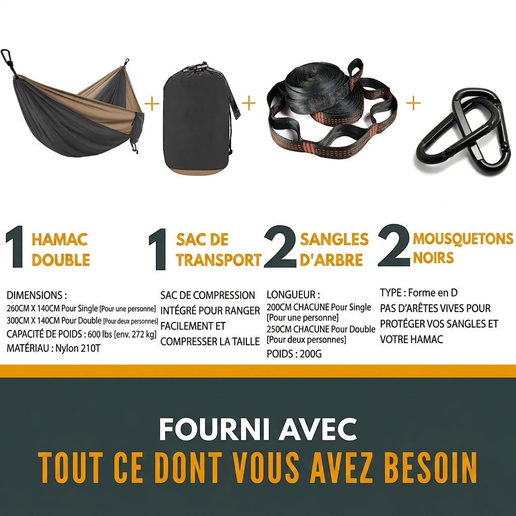 Hamac de Randonnée 270 cm – Nylon 210T & Charge 200 kg - vue 3