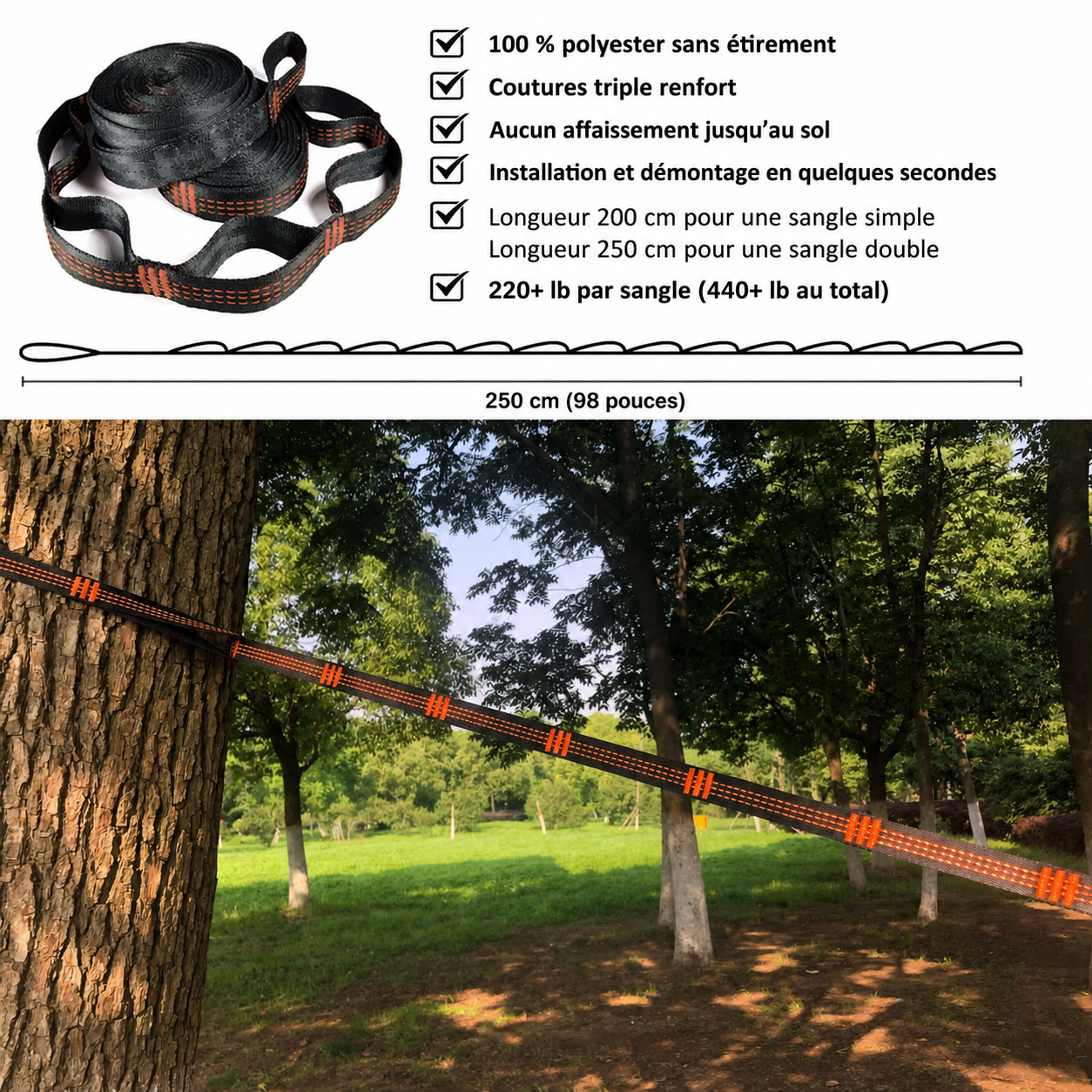 Hamac de Randonnée 270 cm – Nylon 210T & Charge 200 kg - vue 4